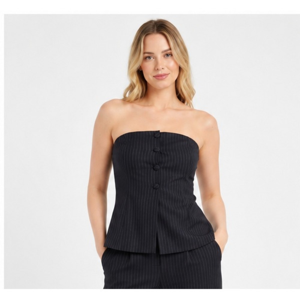 BCX Womens Strapless Suit Vest Top Large Black Chalk Stripe Button Front NEW